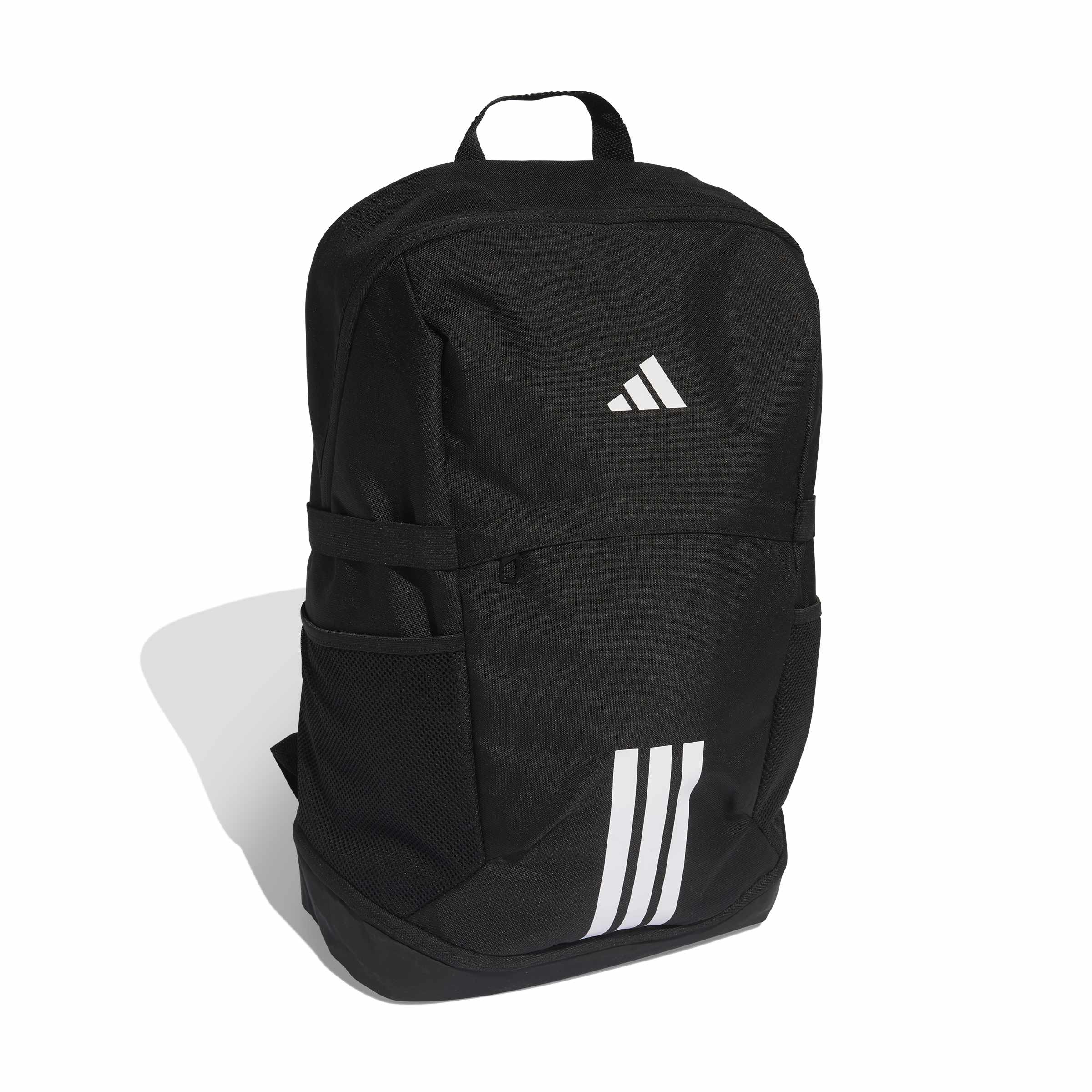 Vista lateral da mochila Adidas preta com detalhes em branco